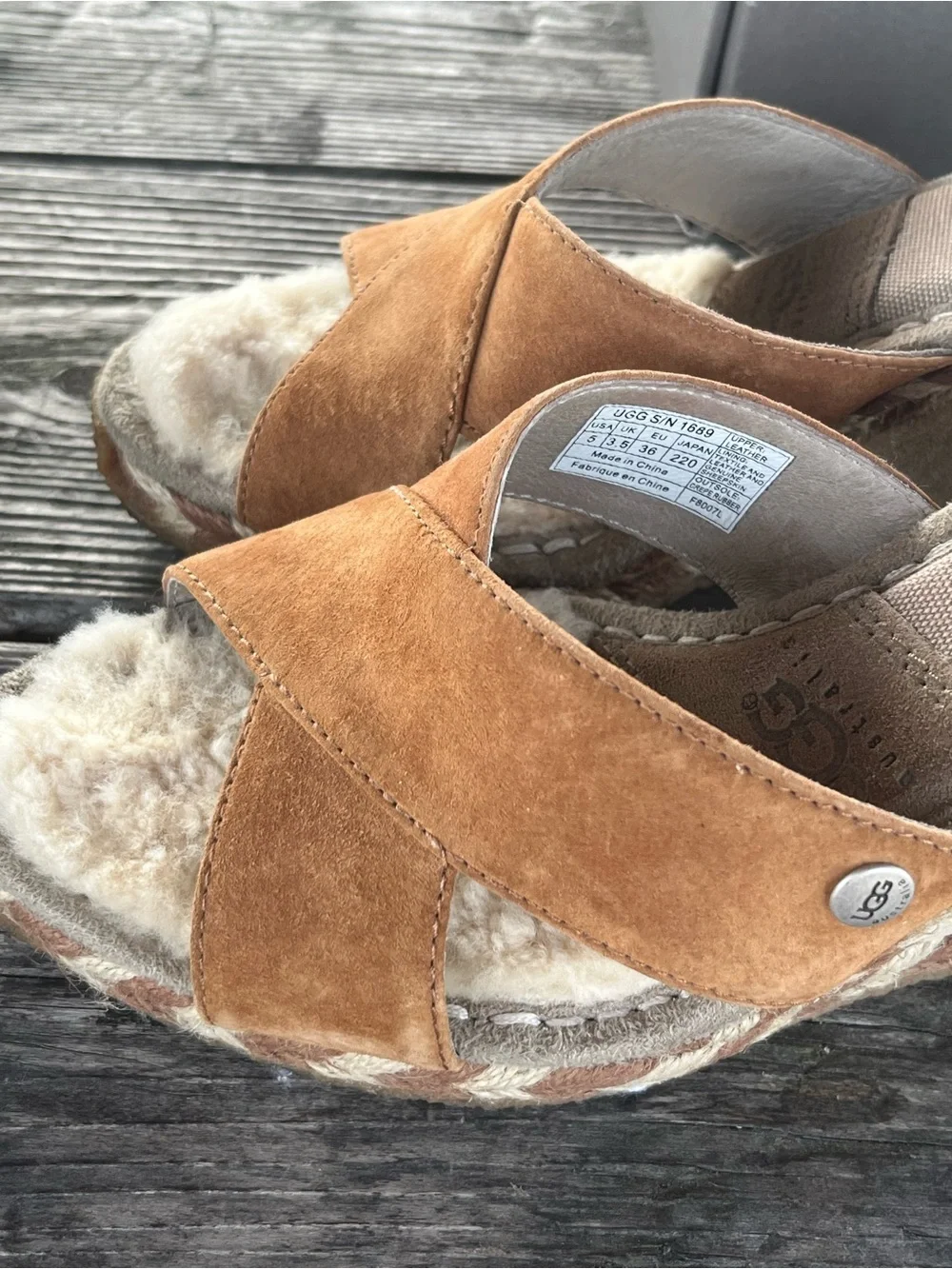 UGG Women's Chestnut Suede Shearling Espadrille Wedges sz 5, with box